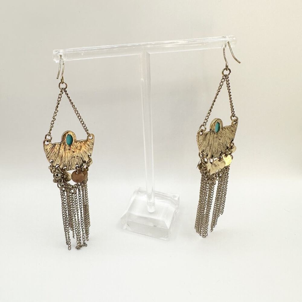 Western Blue Gold tone Turquoise Dangle Chandelier Statement Earrings Boho - Picture 6 of 9